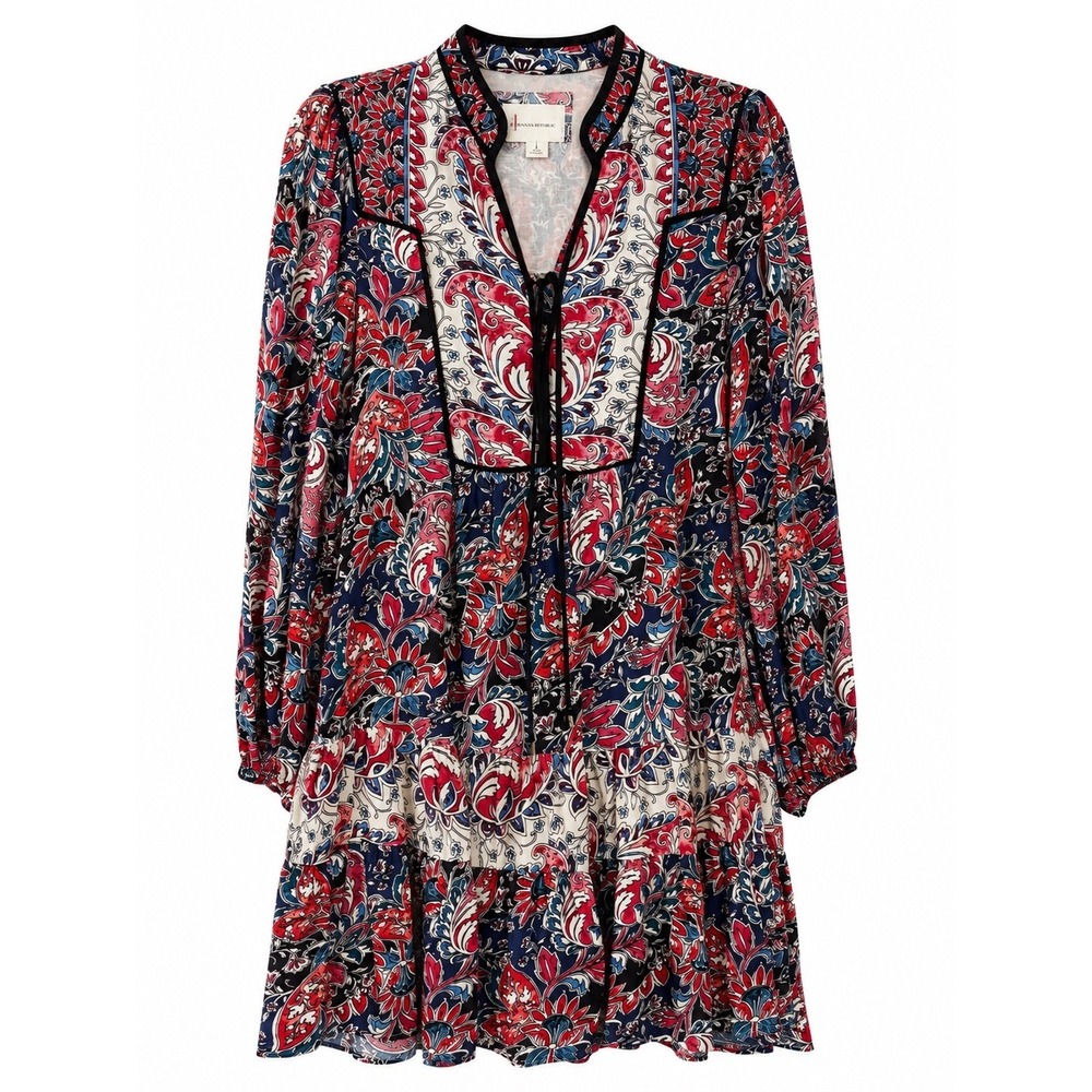 Anthropologie Paisley Boho Dress Medium Navy Red Tiered Peasant Sleeve Fall